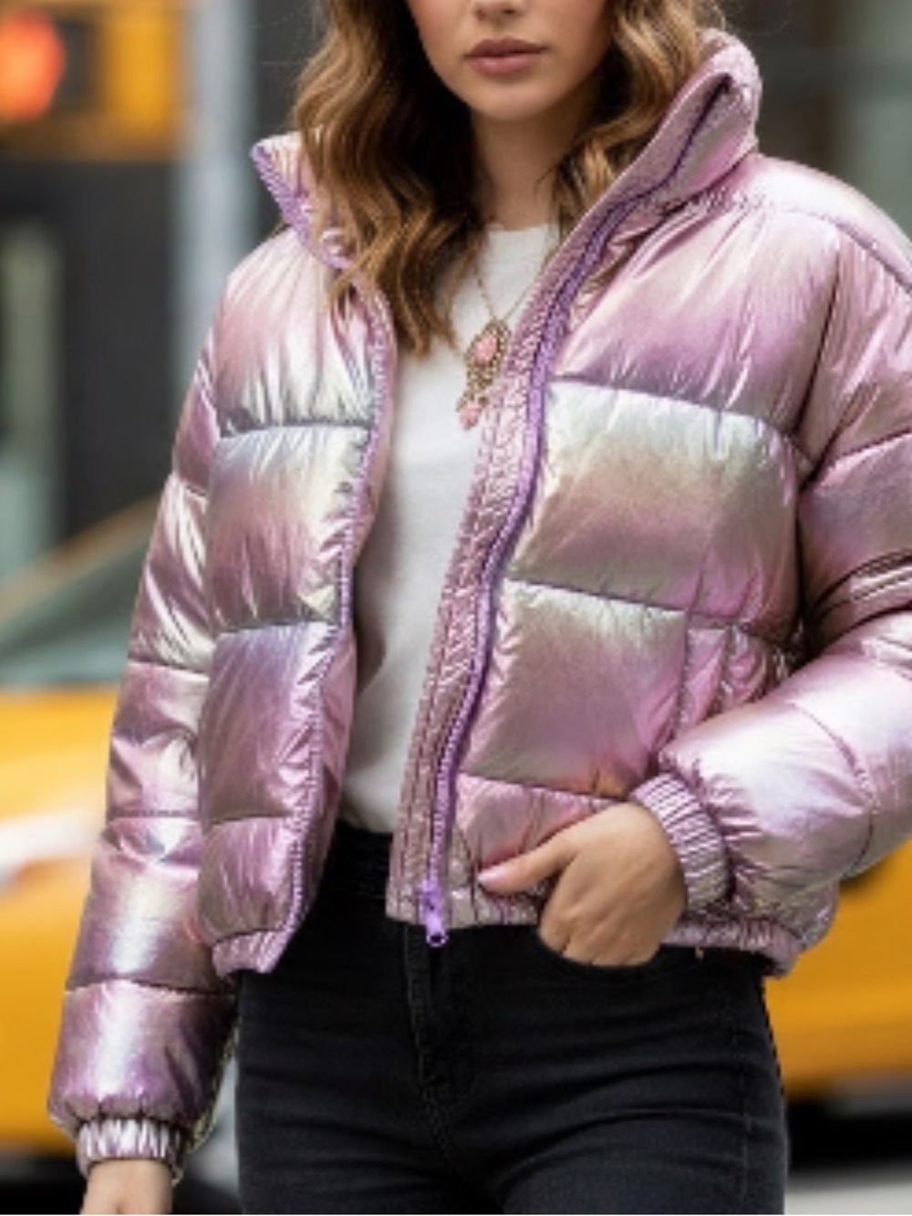 Nordstrom Shimmering Iridescent Pink Puffer Jacket Cropped